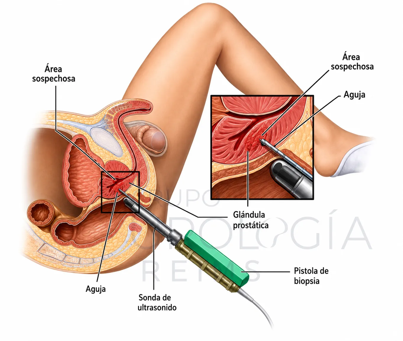 Ilustración anatómica de la biopsia de próstata con pistola de biopsia y sonda de ultrasonido