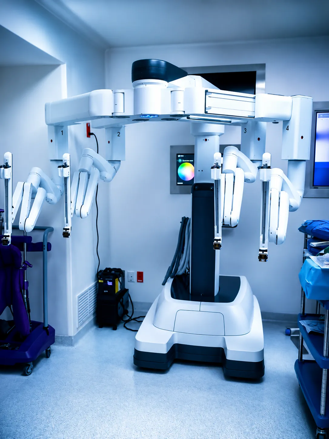 Carro de pacientes del sistema robótico Da Vinci con sus brazos en el quirófano